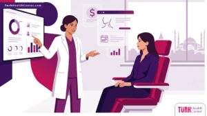 رسم توضيحي لعيادة حديثة يشرح فيها الطبيب تفاصيل تكلفة نحت الرقبة في تركيا للمريض 