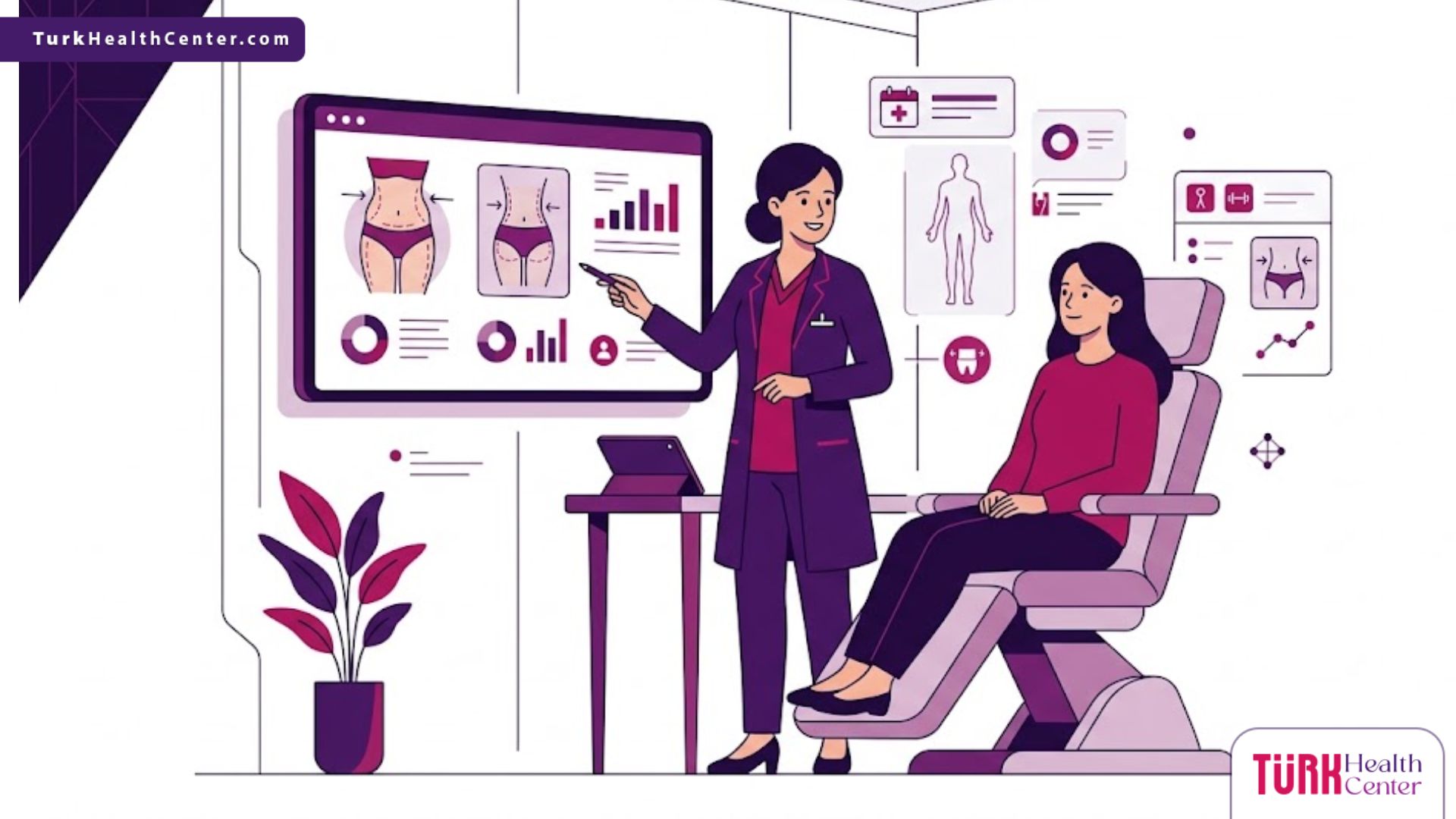 رسم توضيحي عصري يظهر طبيب يشرح إجراءات تكلفة تكسير الدهون ونحت الجسم لمريض في عيادة فاخرة 