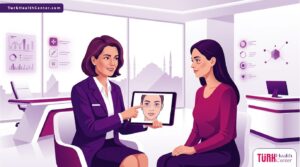 رسم توضيحي يظهر طبيب يشرح عملية شد الجفون السفلية في تركيا لمريض داخل عيادة طبية فاخرة بألوان البنفسجي والمجنتيا 