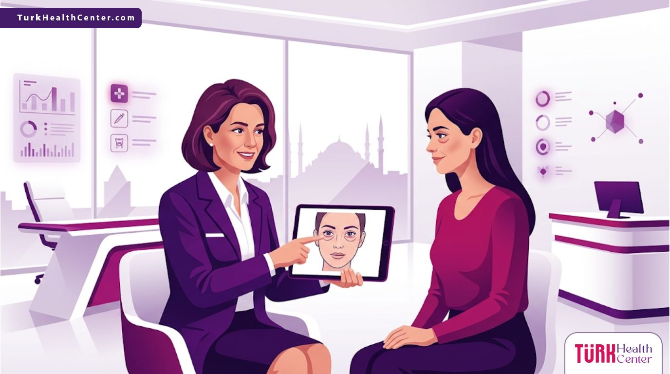 رسم توضيحي يظهر طبيب يشرح عملية شد الجفون السفلية في تركيا لمريض داخل عيادة طبية فاخرة بألوان البنفسجي والمجنتيا 