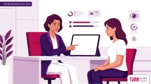 رسم توضيحي يظهر طبيب يشرح عملية شد الجفون العلوية في تركيا لمريضة داخل عيادة فاخرة بألوان البنفسجي والمجنتيا 