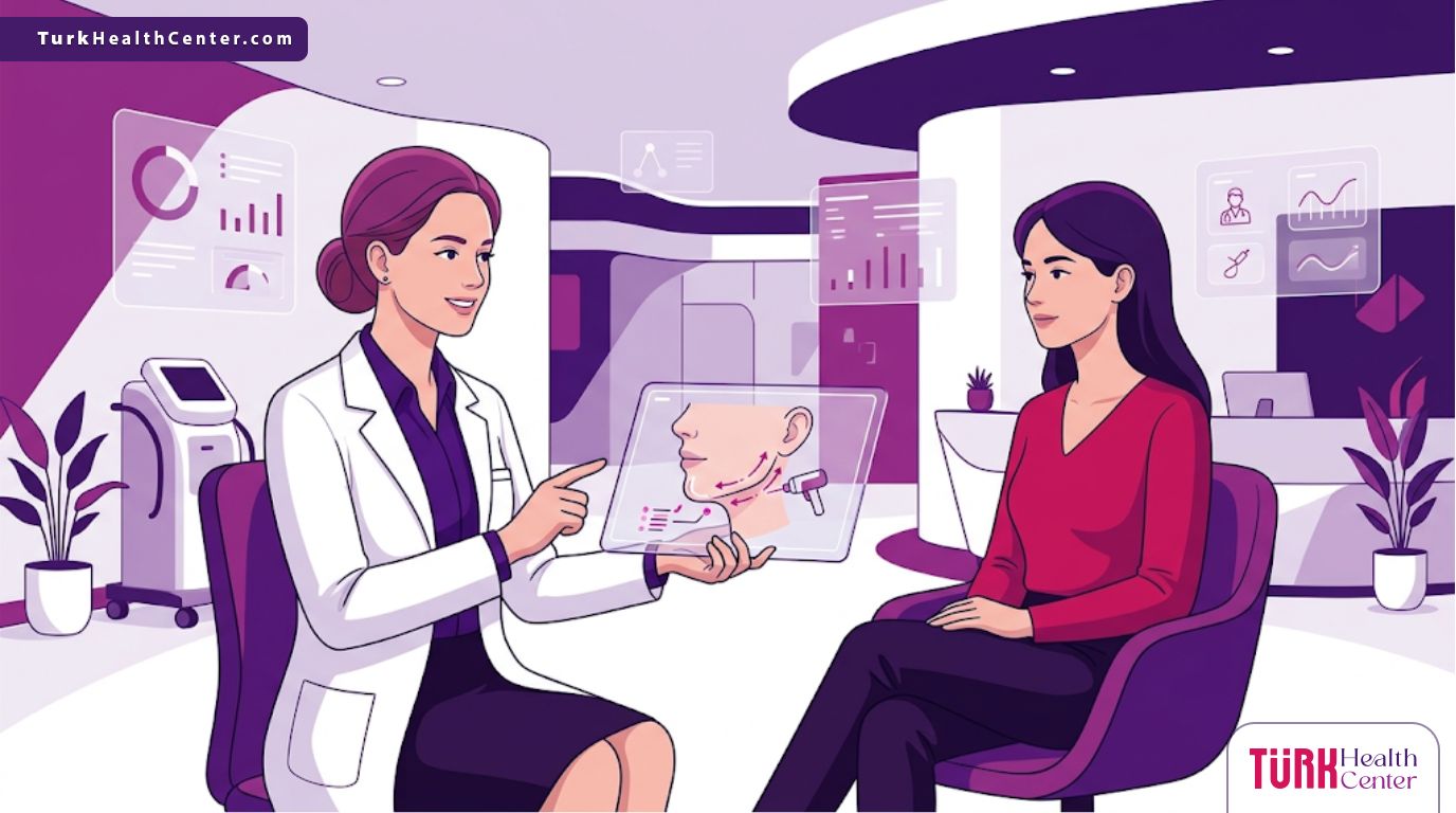 رسم توضيحي لطبيب يشرح عملية شد الذقن بالليزر في تركيا لمريض في عيادة تجميل عصرية