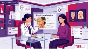 رسم توضيحي عصري يظهر طبيب يشرح خطوات شد الوجه الجراحي في تركيا لمريض في عيادة فاخرة 