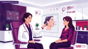 رسم توضيحي يظهر طبيب يشرح عملية شد الوجه المصغر في تركيا لمريض داخل عيادة فاخرة 