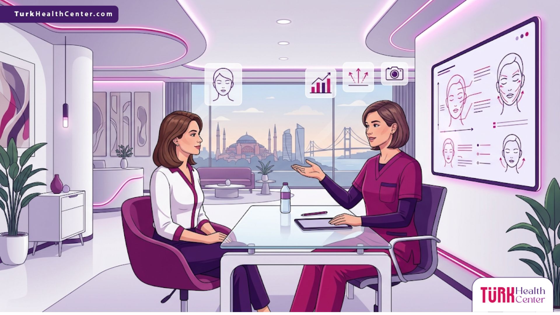 وصف الصورة (Alt Text): رسم توضيحي عصري لطبيب يشرح خطوات عملية شد الوجه في تركيا لمريضة داخل عيادة فاخرة بألوان أرجوانية وتصميم فيكتور