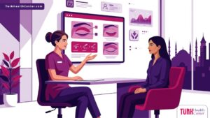 رسم توضيحي يظهر طبيب يشرح تفاصيل عمليات تجميل الجفون في تركيا لمريضة داخل عيادة فاخرة بألوان البنفسجي والمجنتيا 