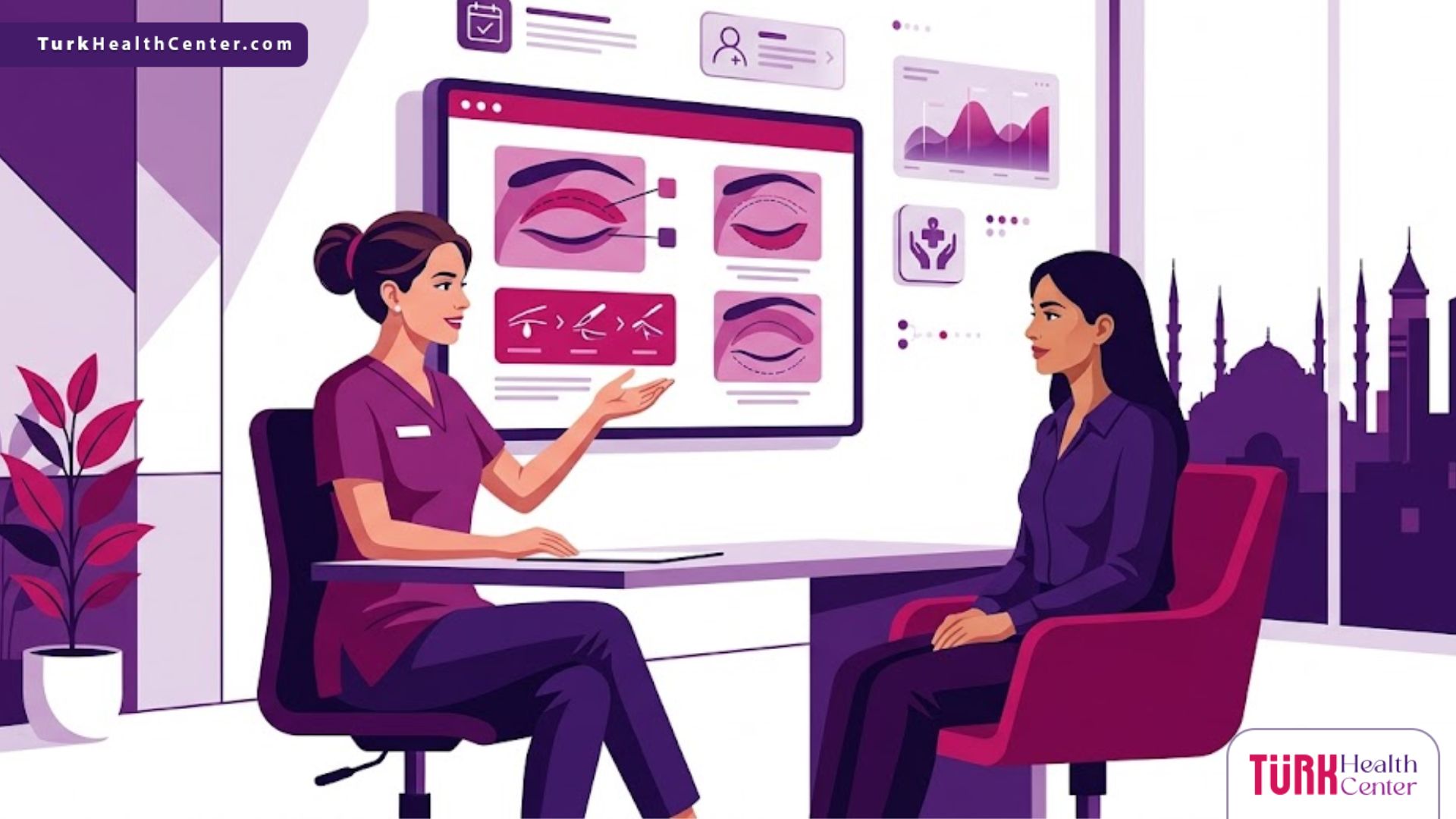 رسم توضيحي يظهر طبيب يشرح تفاصيل عمليات تجميل الجفون في تركيا لمريضة داخل عيادة فاخرة بألوان البنفسجي والمجنتيا 
