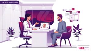 رسوم توضيحية لعيادة طبية حديثة تشرح تقنية تجميل الأذن بالفيلر في تركيا 