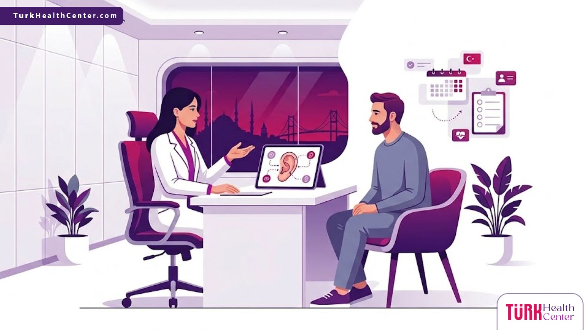 رسوم توضيحية لعيادة طبية حديثة تشرح تقنية تجميل الأذن بالفيلر في تركيا 