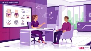 رسم توضيحي عصري يظهر طبيب يشرح ميزات شفط الدهون في تركيا للمريض داخل عيادة فاخرة 