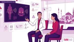 رسم توضيحي يظهر طبيباً يشرح مخاطر شفط الدهون بالفيزر في تركيا لمريض داخل عيادة حديثة بأسلوب فيكتور راقٍ 