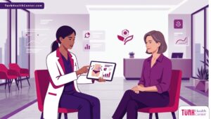 رسم توضيحي يظهر طبيباً يشرح تفاصيل تكلفة نحت الجسم بالتبريد لمريض داخل عيادة عصرية فاخرة 