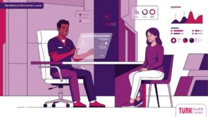 رسم توضيحي يظهر طبيب يشرح تفاصيل تكلفة شفط الدهون في تركيا لمريض داخل عيادة عصرية فاخرة 