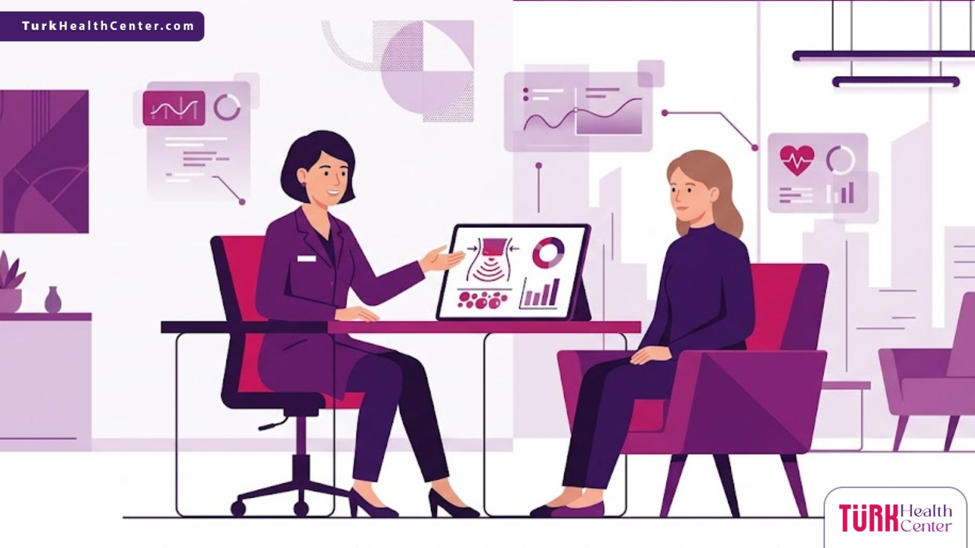 رسم توضيحي عصري يظهر طبيب يشرح للمريض تفاصيل تكلفة تذويب الدهون بالحرارة داخل عيادة فاخرة