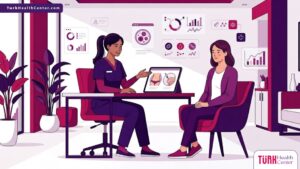 رسم توضيحي عصري يظهر طبيب يشرح للمريض تفاصيل تكلفة شفط الدهون وإعادة حقنها في عيادة فاخرة 