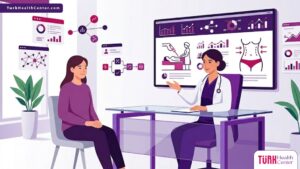 رسم توضيحي يظهر طبيب يشرح عملية شفط الدهون بالليزر في تركيا لمريض داخل عيادة فاخرة 