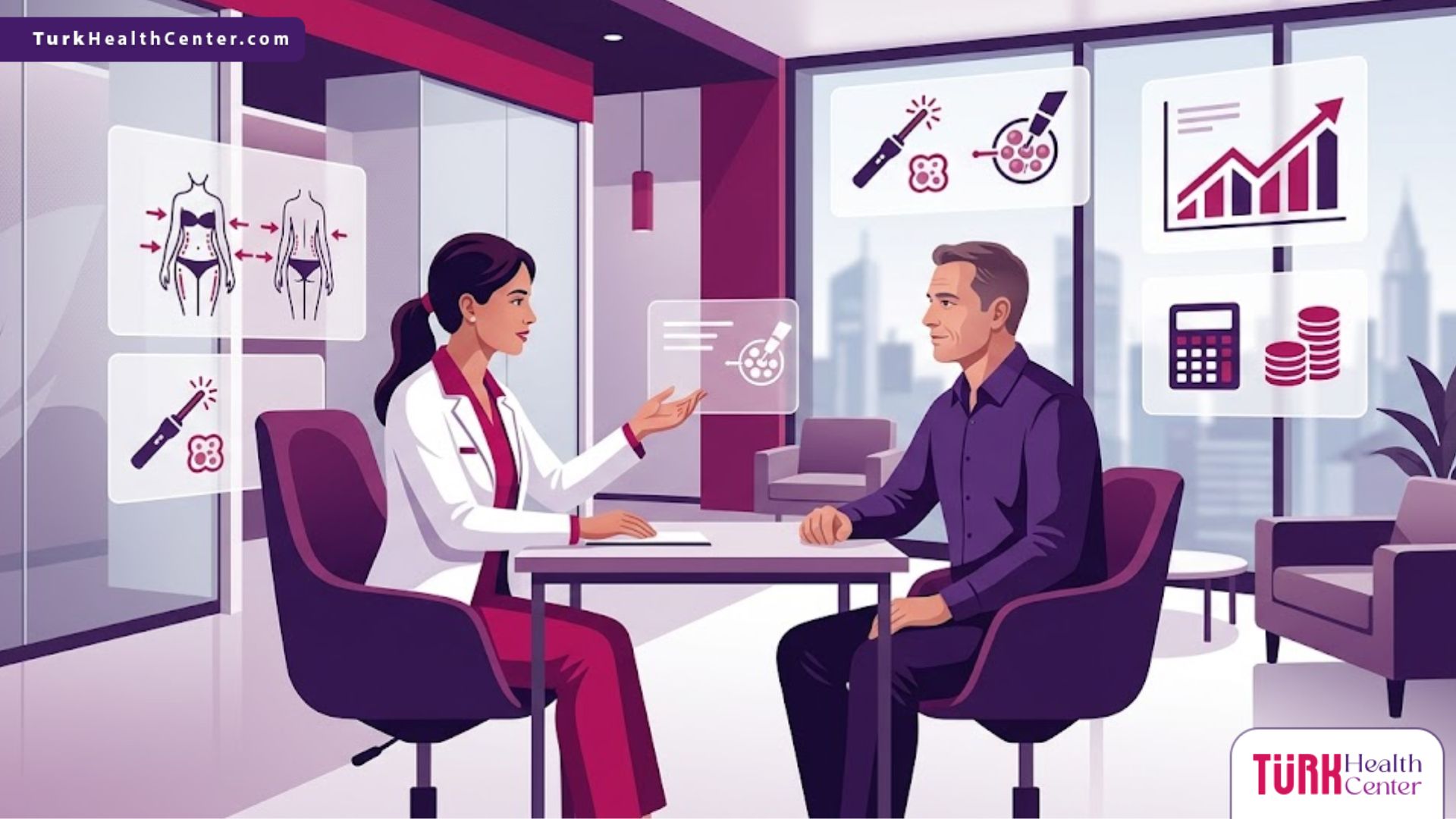 رسم توضيحي يظهر طبيب يشرح تفاصيل تكلفة عملية سمارت ليبو في تركيا لمريض داخل عيادة عصرية فاخرة 