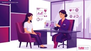 رسم توضيحي يظهر طبيباً يشرح ميزات شفط الدهون بالليزر في تركيا لمريضة داخل عيادة فاخرة بأسلوب فيكتور عصري 