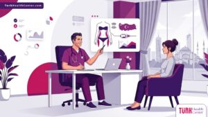 رسم توضيحي عصري لعيادة طبية فاخرة يشرح فيها الطبيب عملية شفط الدهون بالفيزر في تركيا لمريض 