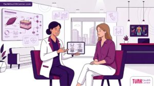 رسم توضيحي يظهر طبيب يشرح ميزات شفط الدهون بالفيزر في تركيا لمريض داخل عيادة فاخرة بألوان البنفسجي والمجنتيا 