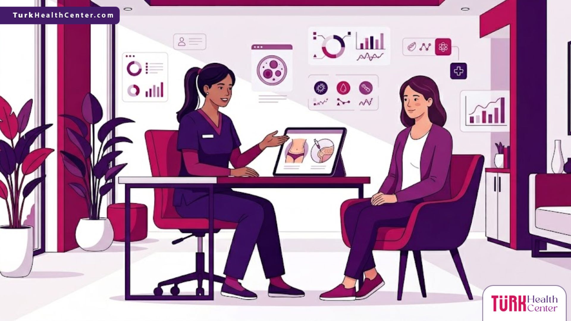 رسم توضيحي عصري يظهر طبيب يشرح للمريض تفاصيل تكلفة شفط الدهون وإعادة حقنها في عيادة فاخرة 