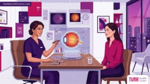 رسم توضيحي لعيادة عيون حديثة حيث يقوم استشاري جراحة شبكية وجسم زجاجي بشرح الإجراءات الطبية للمريض 