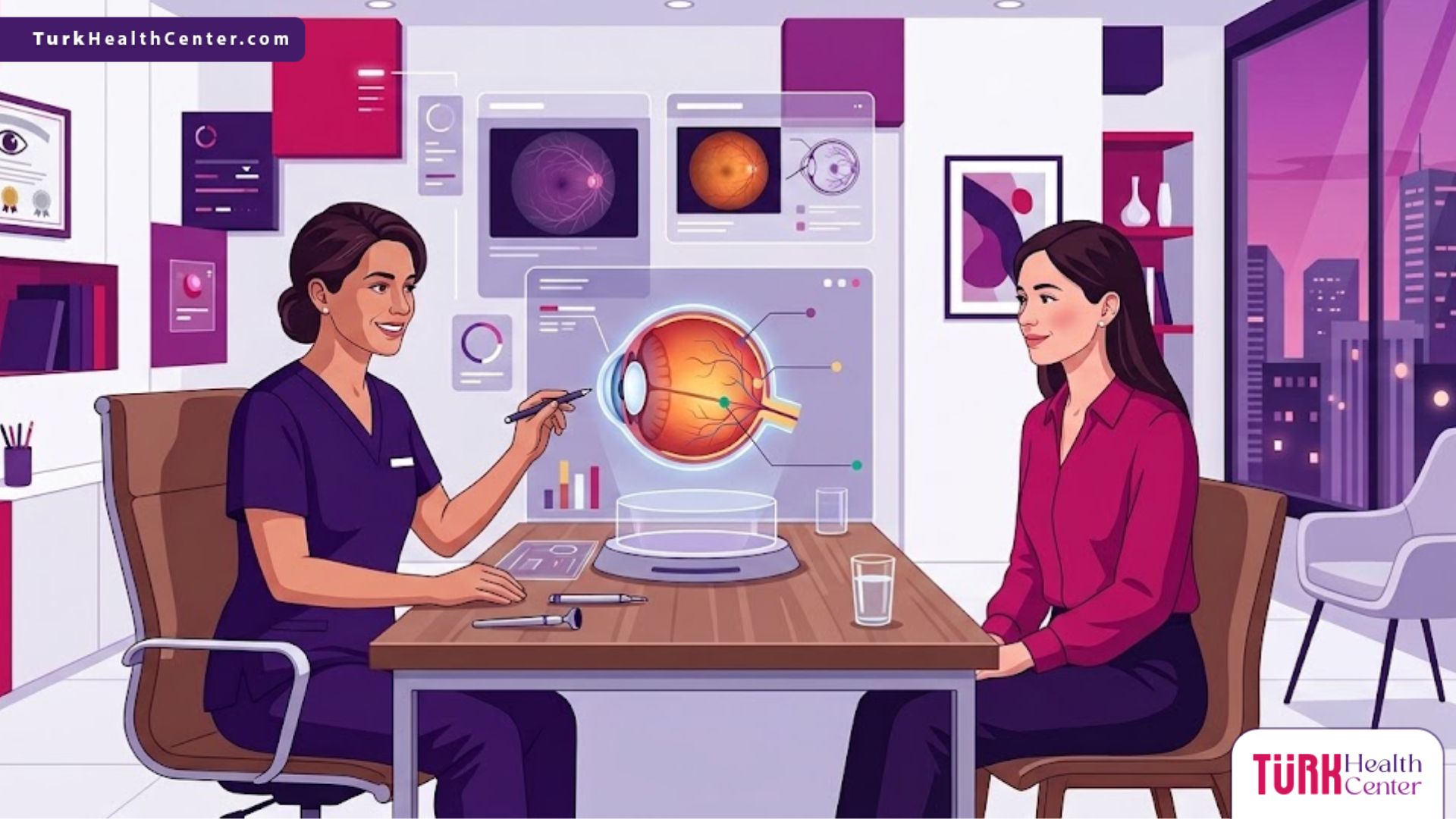 رسم توضيحي لعيادة عيون حديثة حيث يقوم استشاري جراحة شبكية وجسم زجاجي بشرح الإجراءات الطبية للمريض 