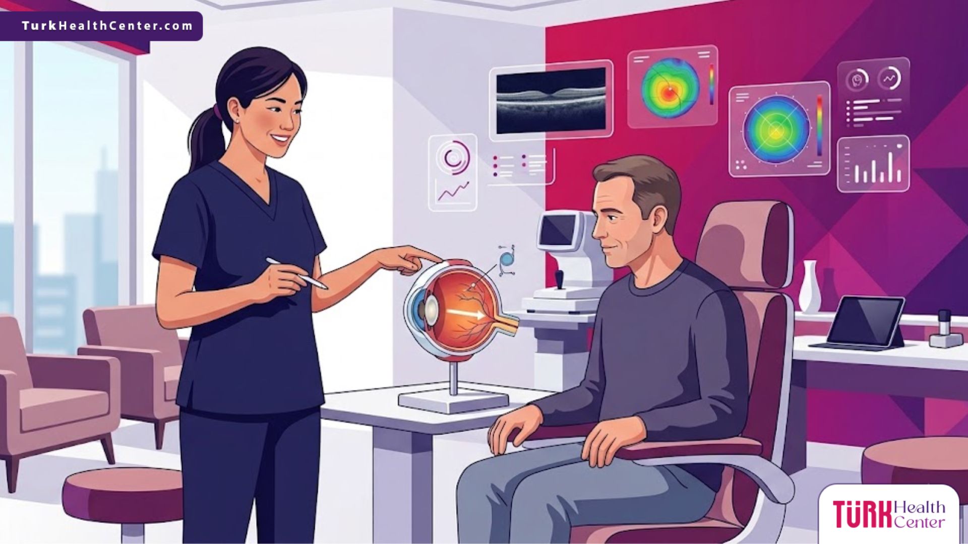 رسم توضيحي احترافي يوضح شرح استشاري مياه بيضاء وزرع عدسات للمريض حول خطوات استعادة الرؤية 