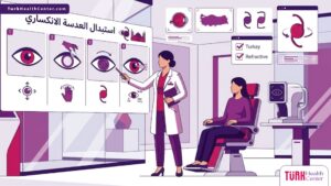 رسم توضيحي يظهر طبيب عيون يشرح عملية استبدال العدسة الانكساري في تركيا لمريض داخل عيادة حديثة 
