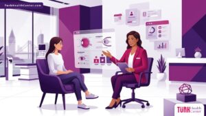 رسم توضيحي يظهر طبيب يشرح أسعار عمليات العيون بالليزر في تركيا للمريض داخل عيادة عصرية فاخرة 