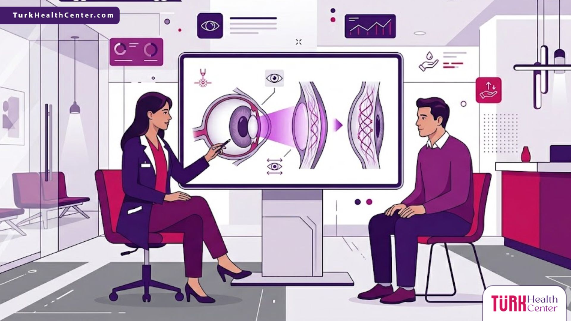 رسوم توضيحية لعيادة عيون حديثة تشرح أسعار عملية تثبيت القرنية المخروطية (CXL) للمرضى