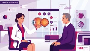 رسم توضيحي يظهر أشهر جراح شبكية في تركيا وهو يشرح تفاصيل العملية للمريض داخل عيادة عصرية متطورة 