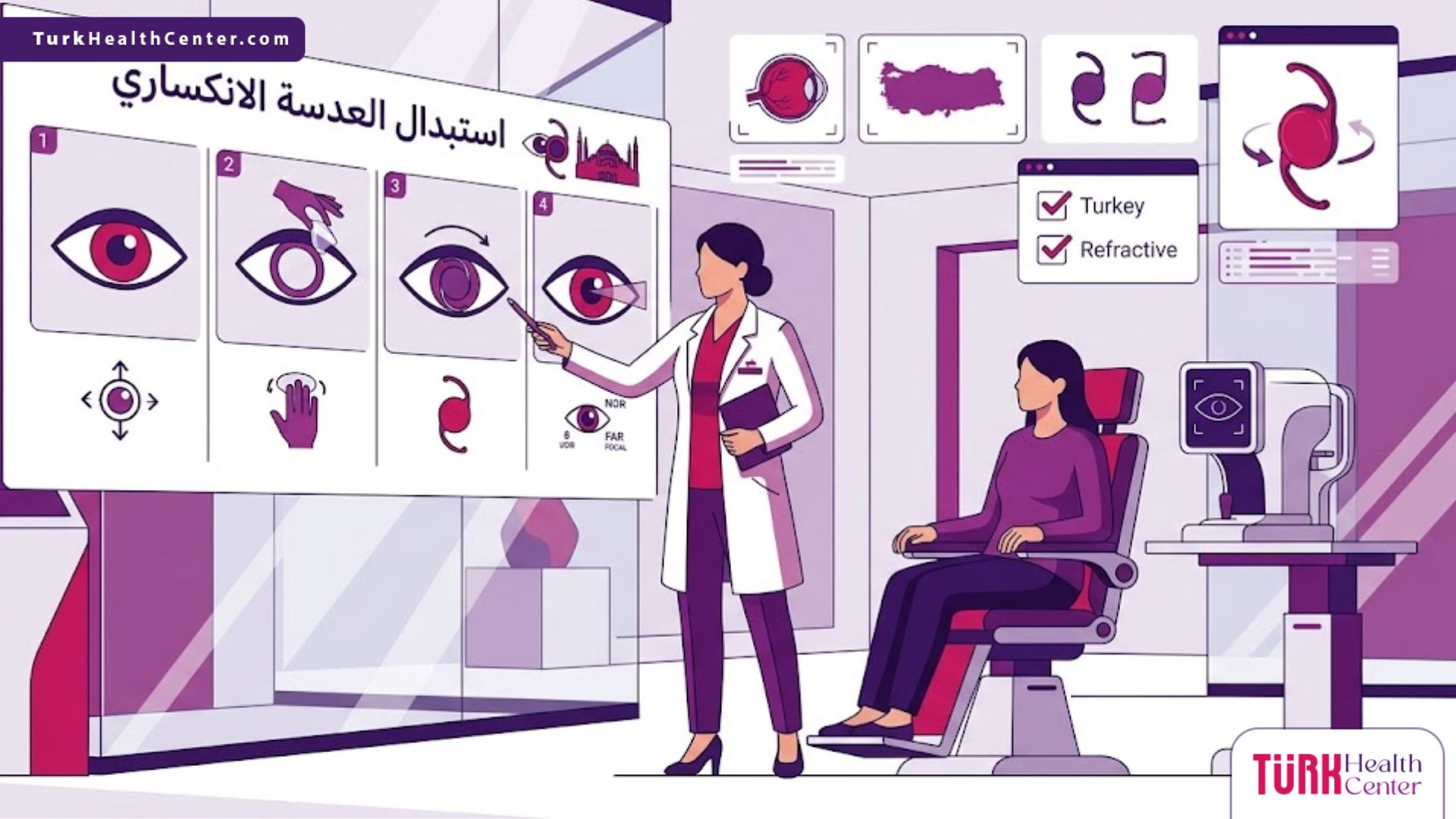 رسم توضيحي يظهر طبيب عيون يشرح عملية استبدال العدسة الانكساري في تركيا لمريض داخل عيادة حديثة 