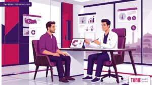 رسم توضيحي لعيادة طبية حديثة يشرح فيها الطبيب تفاصيل عملية زراعة شعر الذقن في تركيا لمريض بأسلوب عصري وألوان احترافية 