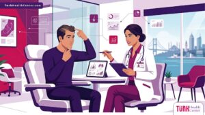 رسم توضيحي يظهر طبيب يشرح ميزات زراعة الشعر في تركيا لمريض داخل عيادة طبية حديثة وأنيقة 