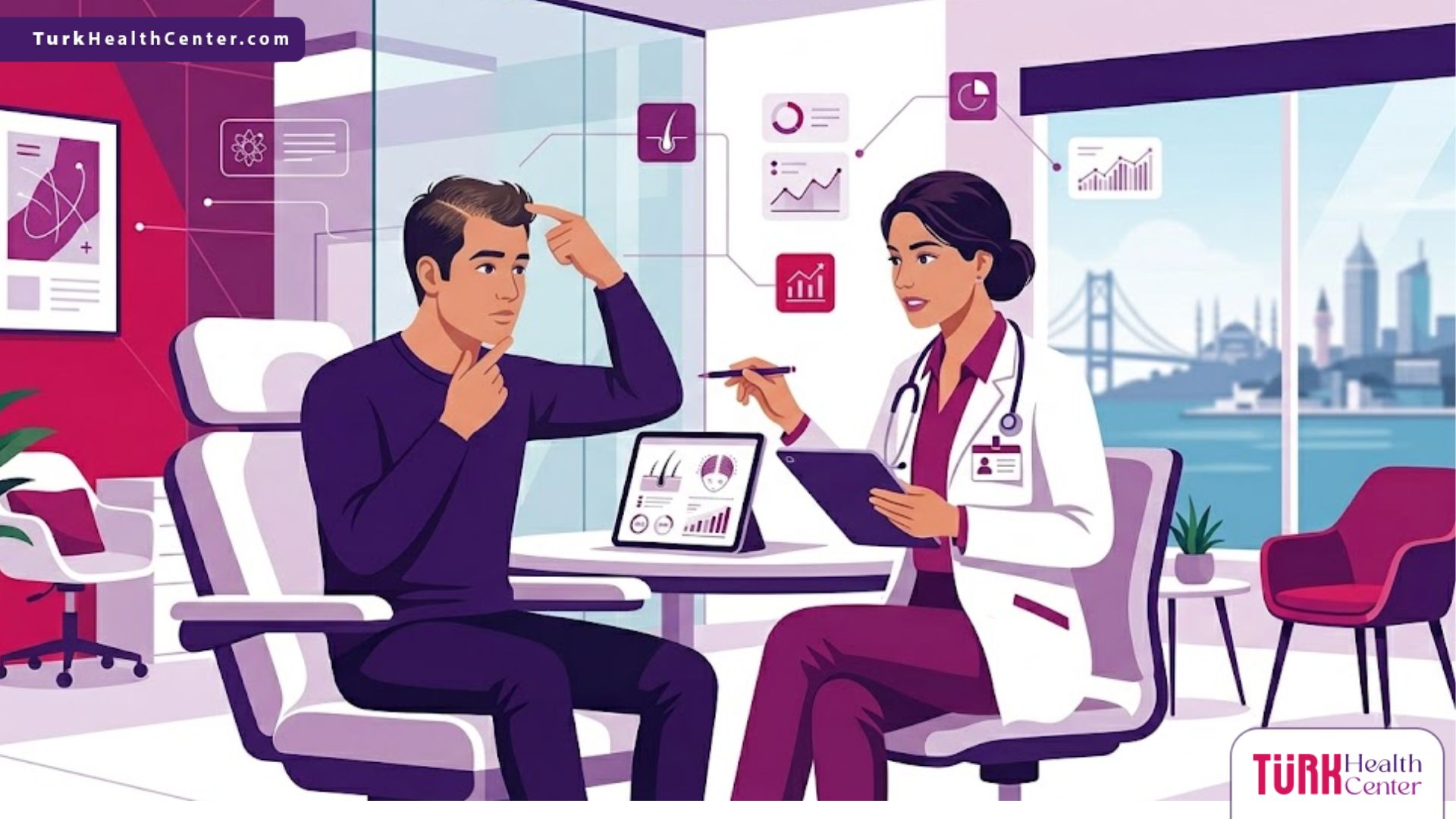 رسم توضيحي يظهر طبيب يشرح ميزات زراعة الشعر في تركيا لمريض داخل عيادة طبية حديثة وأنيقة 