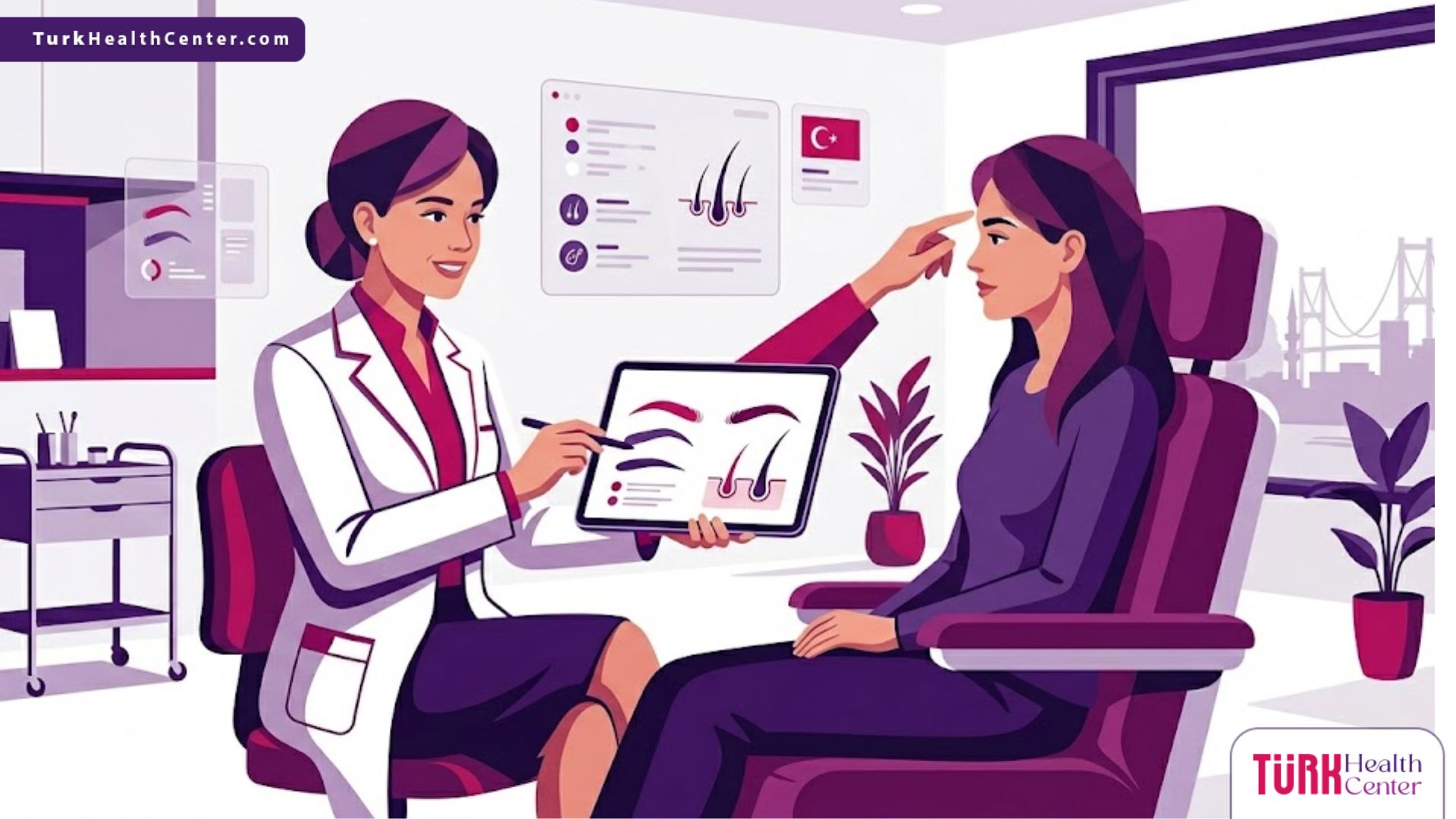 رسم توضيحي عصري يظهر طبيب يشرح ميزات زراعة شعر الحواجب في تركيا لمريضة داخل عيادة فاخرة 