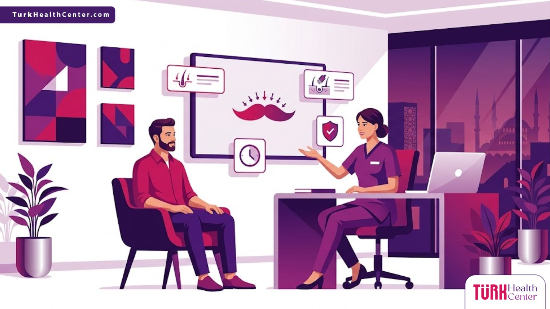 رسم توضيحي يوضح ميزات زراعة شعر الشارب في تركيا داخل عيادة طبية حديثة مع طبيب يشرح الإجراء لمريض 