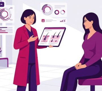 رسم توضيحي يظهر طبيب يشرح ميزات زراعة شعر النساء في تركيا لمريضة في عيادة فاخرة 