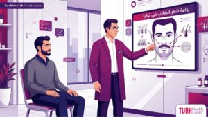 رسم توضيحي يظهر طبيب يشرح عملية زراعة شعر الشارب في تركيا لمريض داخل عيادة فاخرة بألوان أرجوانية عصرية 