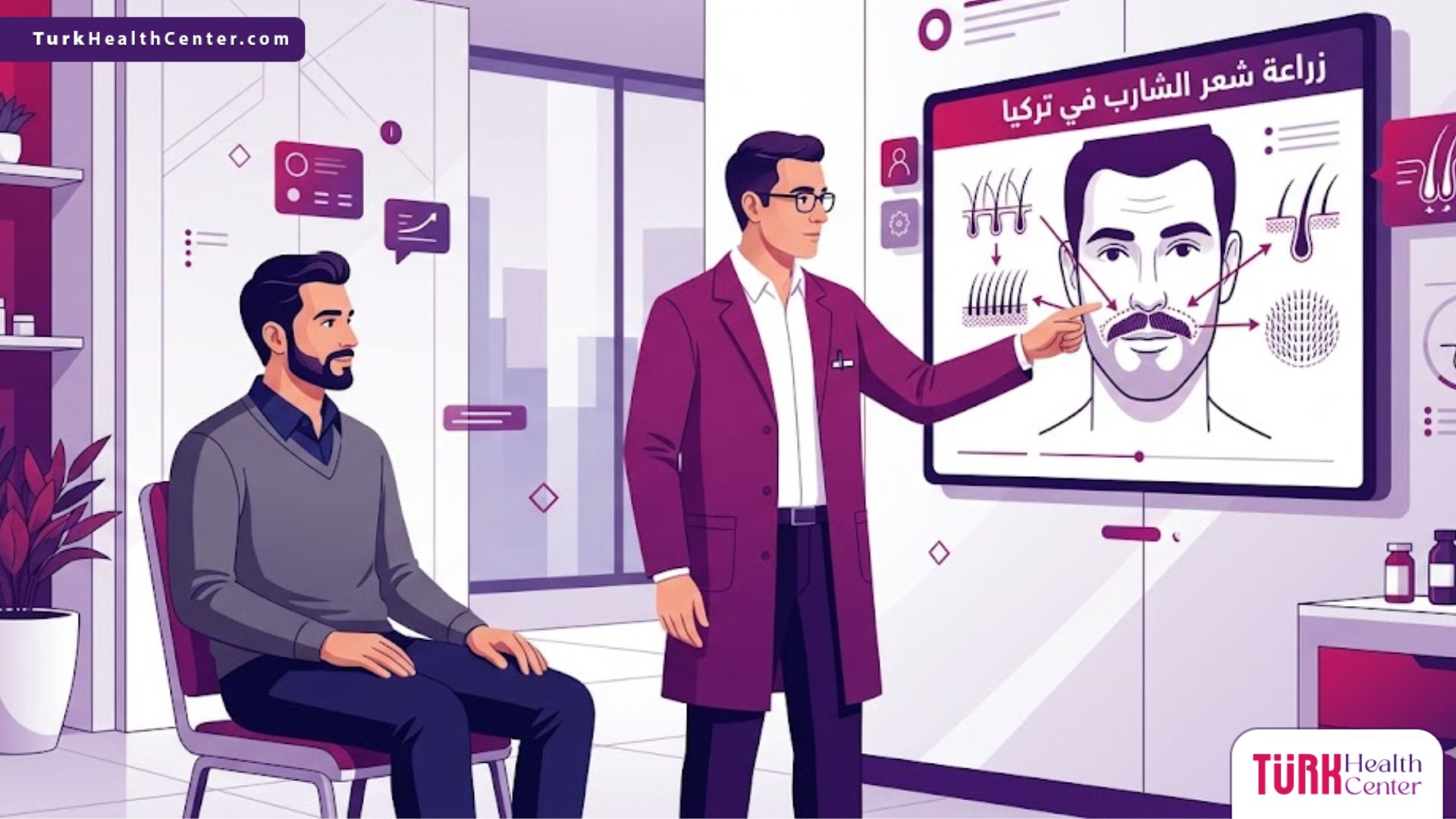 رسم توضيحي يظهر طبيب يشرح عملية زراعة شعر الشارب في تركيا لمريض داخل عيادة فاخرة بألوان أرجوانية عصرية 