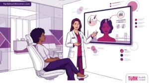 رسم توضيحي يظهر طبيباً يشرح خطوات زراعة شعر النساء في تركيا لمريضة داخل عيادة فاخرة بألوان البنفسجي والمجنيتا 