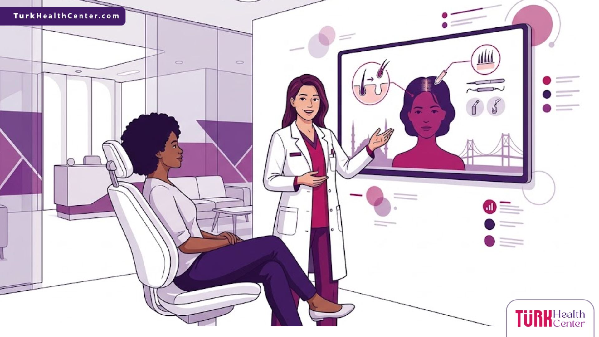 رسم توضيحي يظهر طبيباً يشرح خطوات زراعة شعر النساء في تركيا لمريضة داخل عيادة فاخرة بألوان البنفسجي والمجنيتا 
