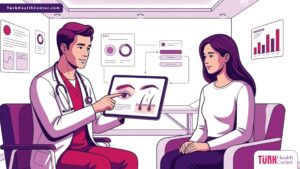 رسم توضيحي عصري يظهر طبيب يشرح عملية زراعة شعر الحواجب في تركيا لمريضة داخل عيادة فاخرة 