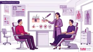 رسم توضيحي عصري يظهر طبيباً يشرح للمريض مخاطر زراعة الشعر بتقنية DHI في تركيا داخل عيادة فاخرة 