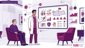 رسوم توضيحية لعيادة طبية حديثة تشرح مخاطر زراعة الشعر بتقنية FUE في تركيا وكيفية الوقاية منها 