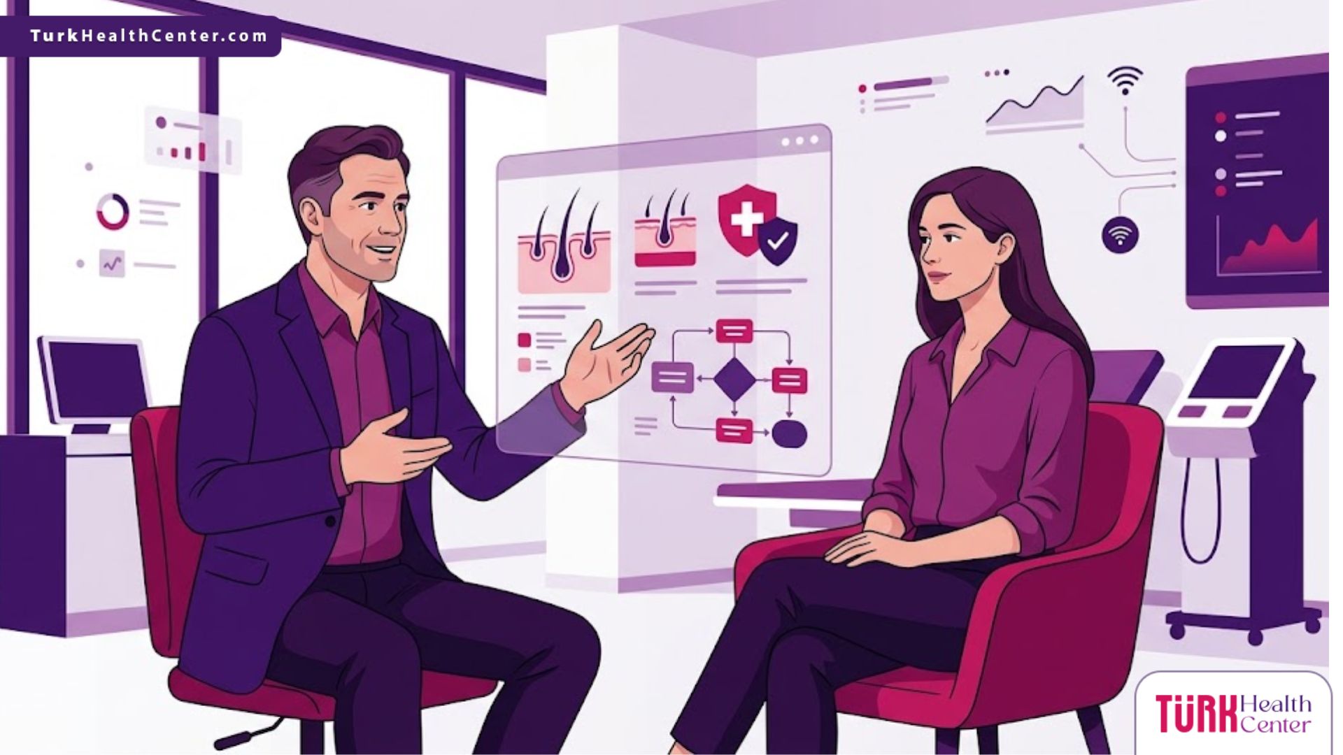 رسم توضيحي يظهر طبيباً يشرح سبل الوقاية من مخاطر زراعة الشعر في تركيا لمريض في عيادة فاخرة 