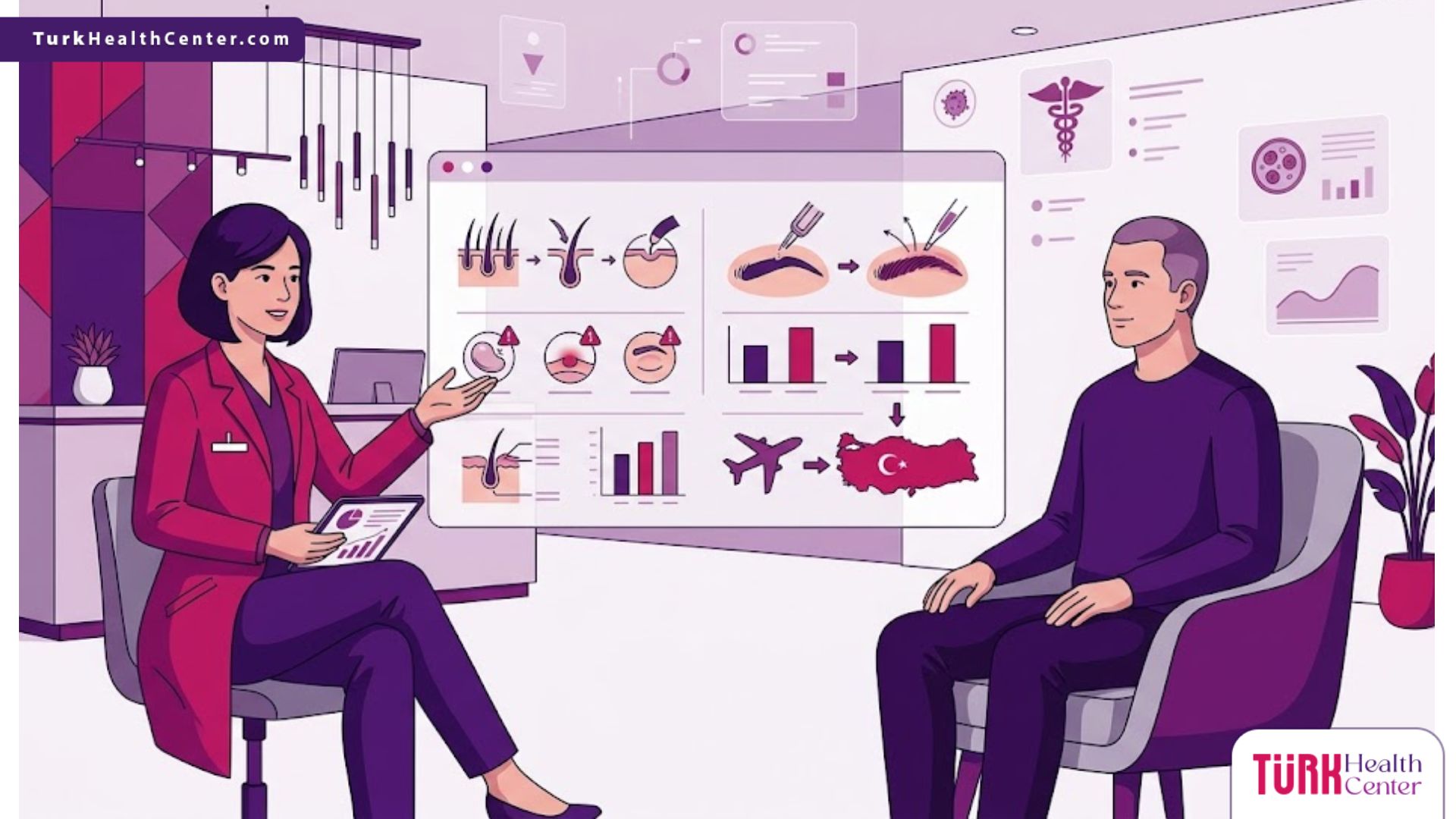 رسم توضيحي يظهر طبيب يشرح مخاطر زراعة شعر الحواجب في تركيا لمريض داخل عيادة طبية حديثة بأسلوب فيكتور راقي 