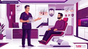 رسم توضيحي لطبيب يشرح مخاطر زراعة شعر الشارب في تركيا للمريض داخل عيادة حديثة 