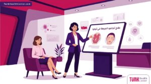 رسم توضيحي عصري لطبيب يشرح إجراءات علاج تجاعيد الجبهة في تركيا لمريض في عيادة فاخرة 